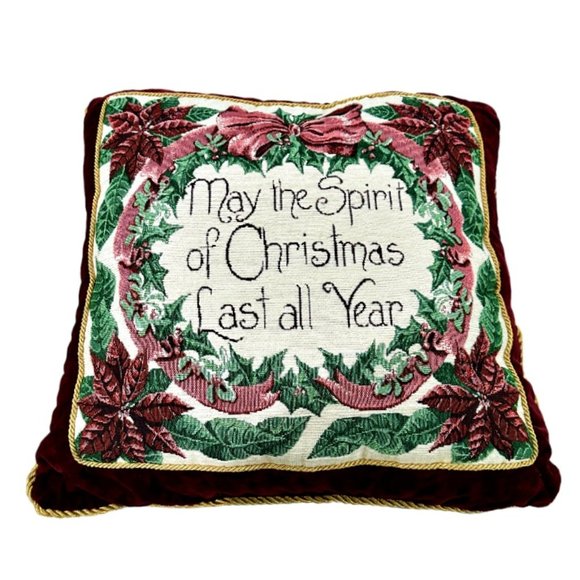 Platinum Couture Christmas Pillow Stitched Poinsettias Tapestry Velvet Gold Cord - Picture 1 of 10